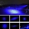 La notte cerca il puntatore blu del laser di 450 nanometro con luci luminose di ricerca di differenti punte